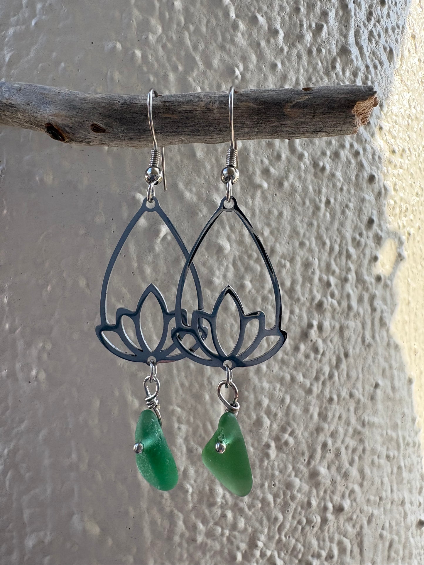 Green Sea Glass Lotus Sterling Silver Dangle Earrings