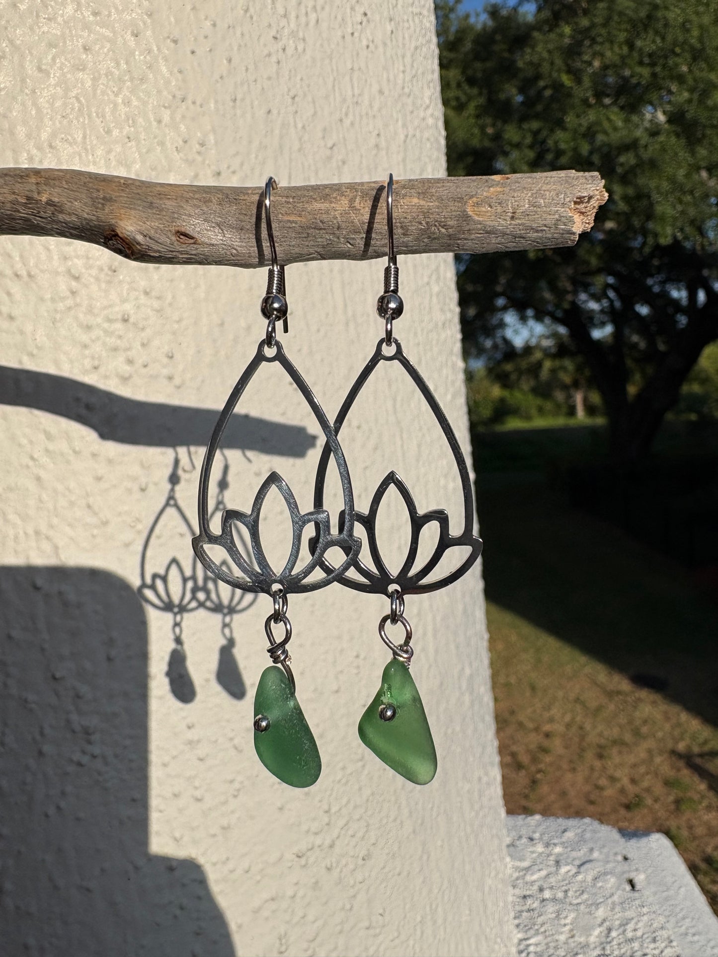 Green Sea Glass Lotus Sterling Silver Dangle Earrings