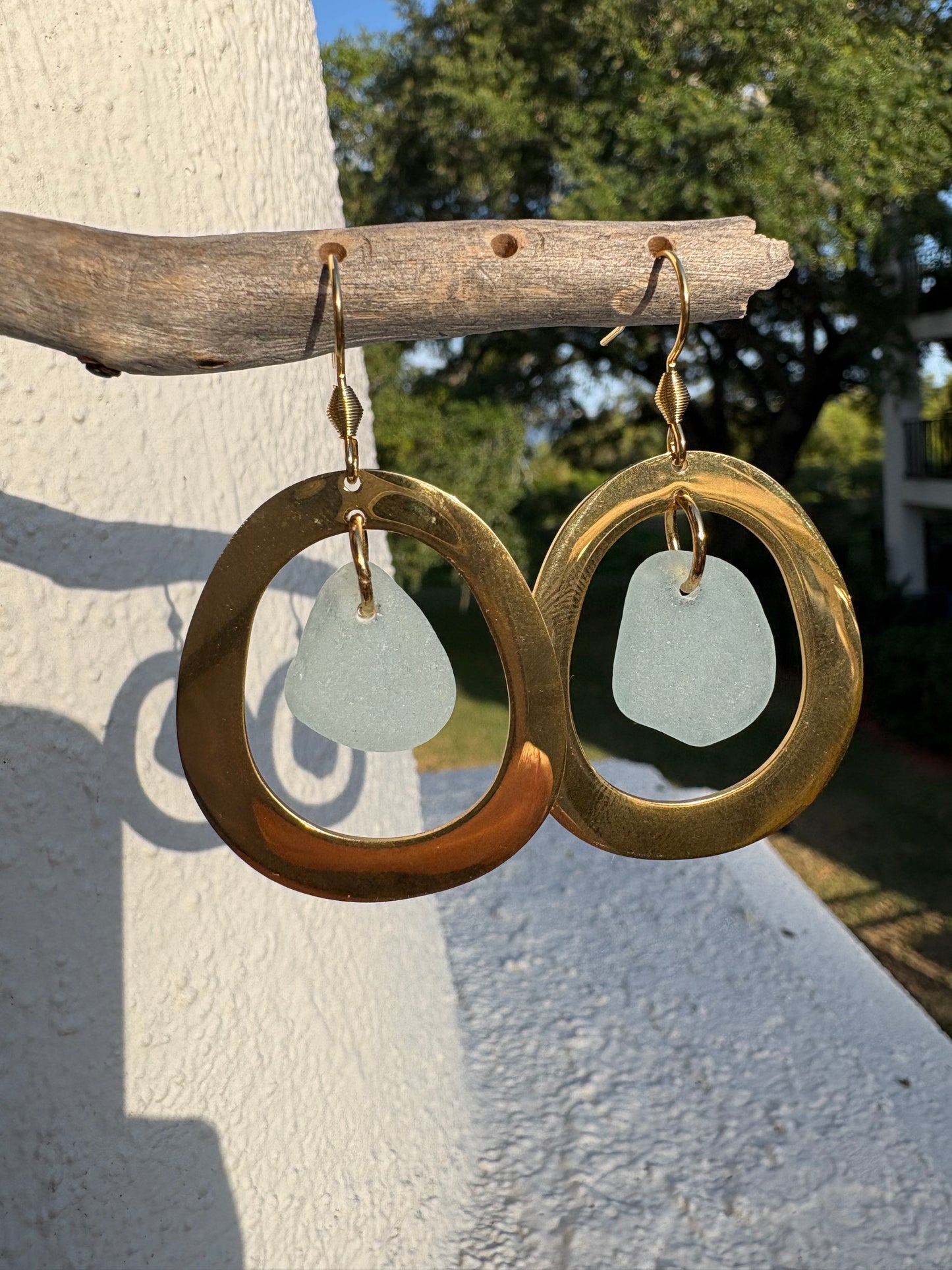 Organic Round Gold Sea Glass Earrings | Handmade Coastal 2” Dangle Earrings