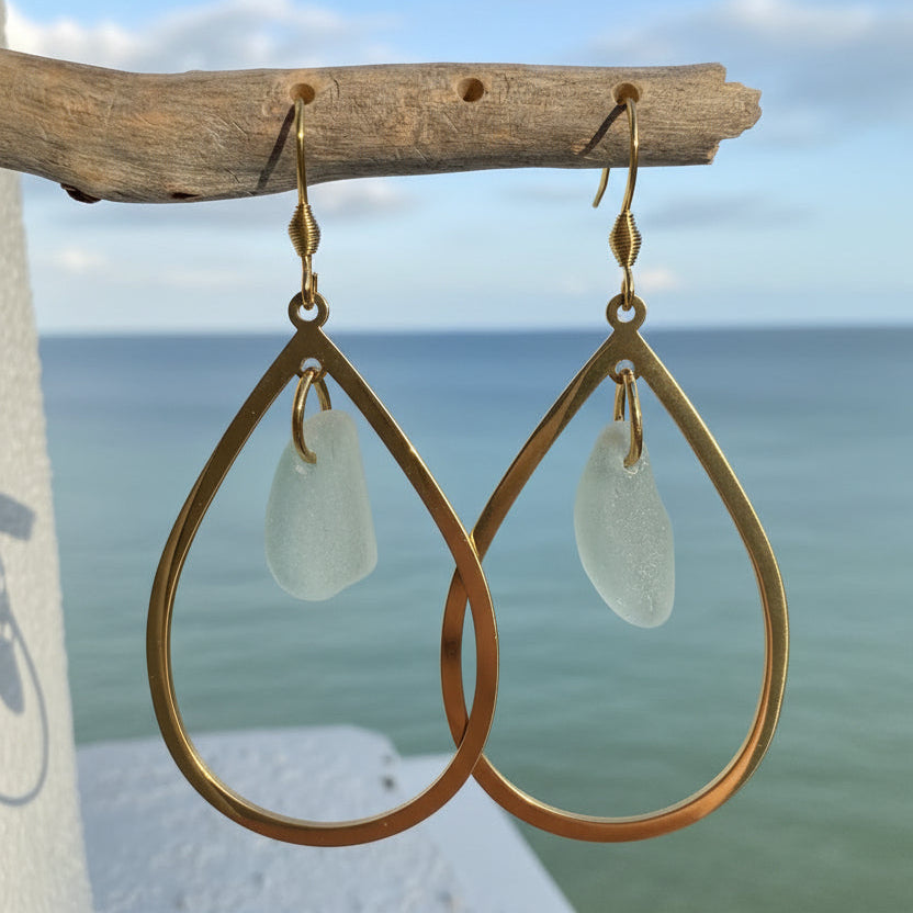 Sea Foam Sea Glass Teardrop Earrings | Genuine Beach Glass Gold Statement Earrings