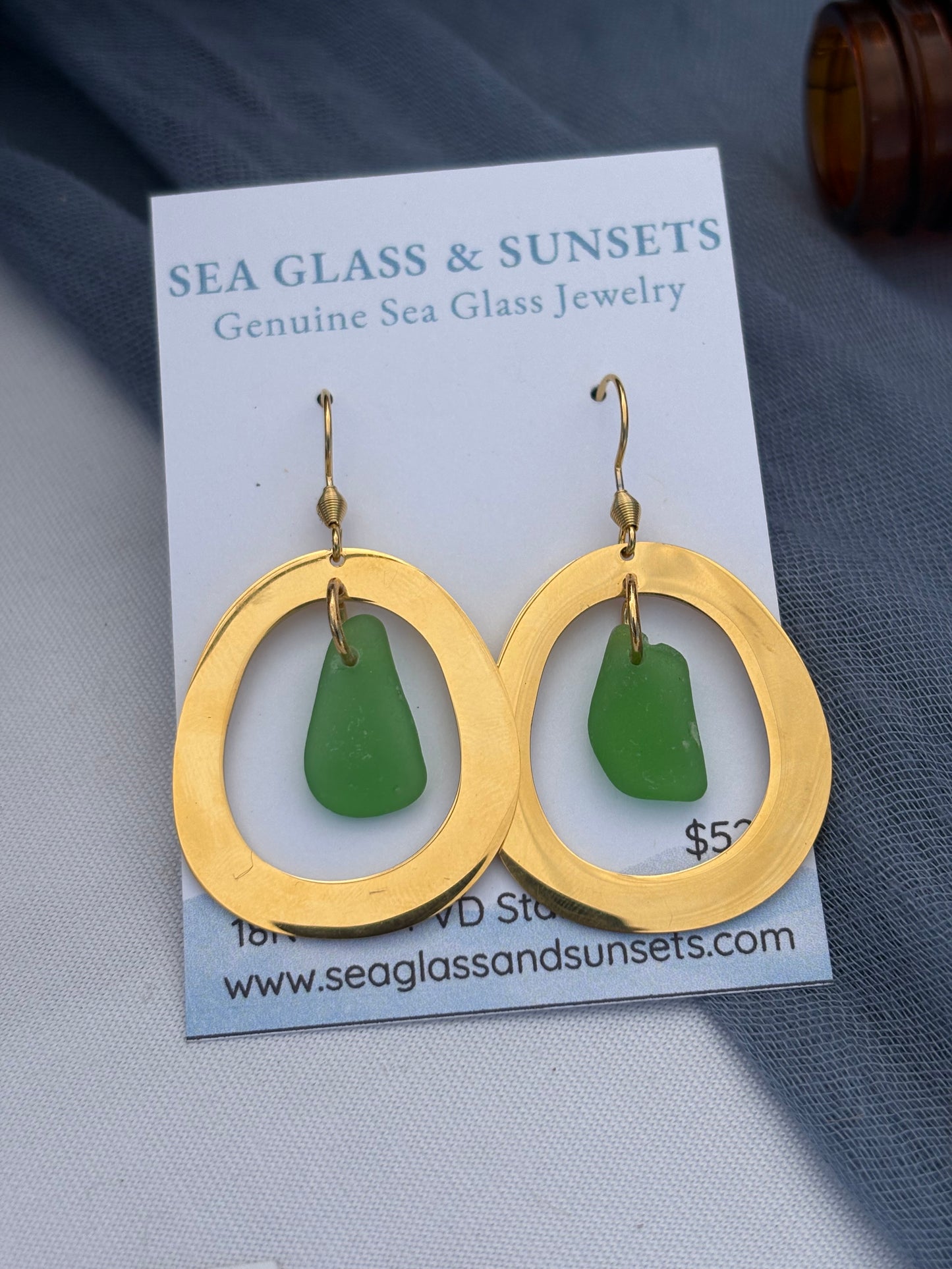 Kelly Green Sea Glass Earrings | Organic Round Gold 2” Handmade Coastal Dangle Earrings