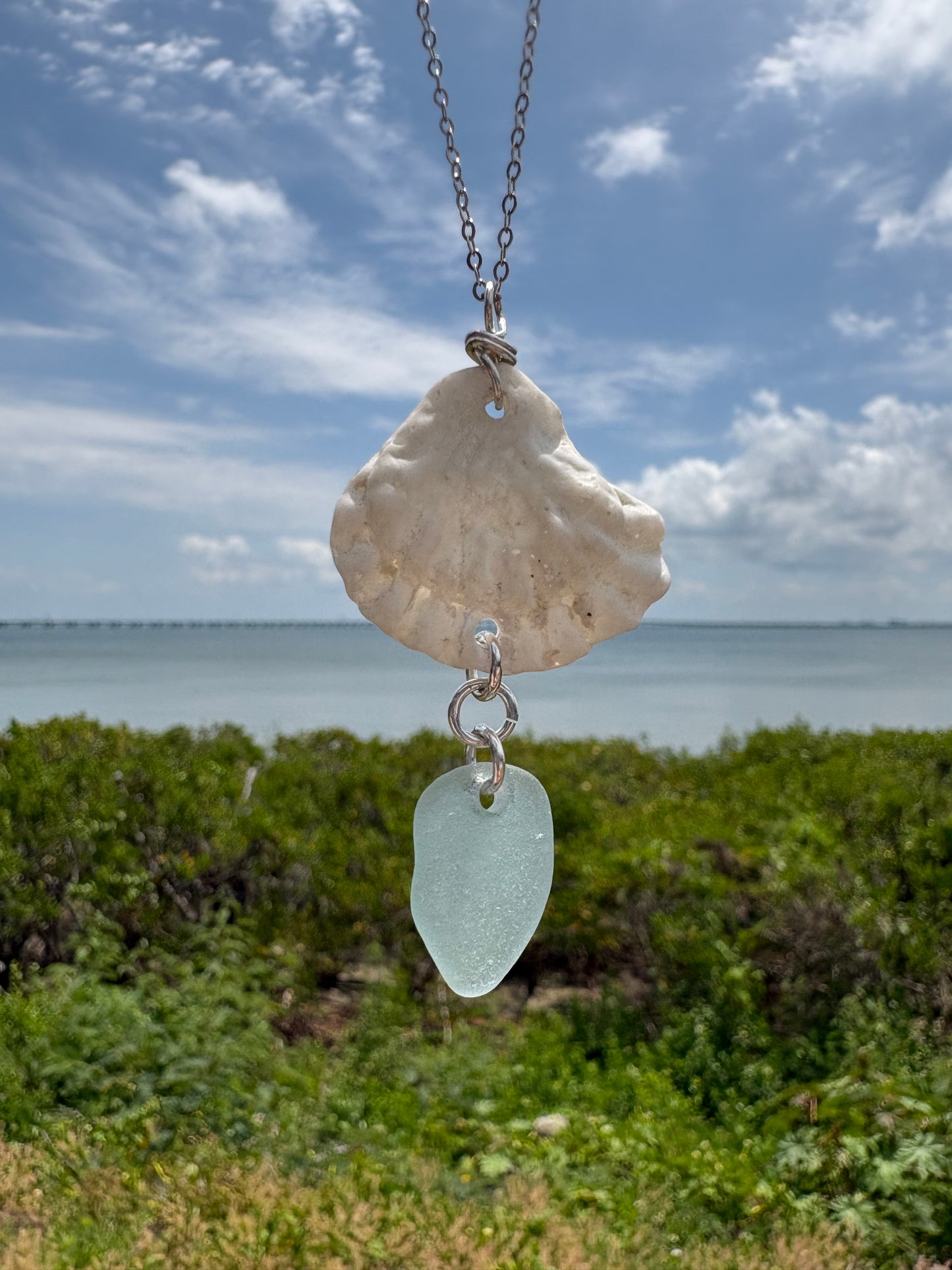 Genuine Sea Glass & Kitten Paw Shell Necklace – Sterling Silver Coastal Beach Jewelry