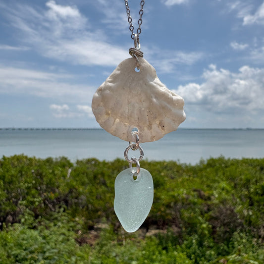Genuine Sea Glass & Kitten Paw Shell Necklace – Sterling Silver Coastal Beach Jewelry