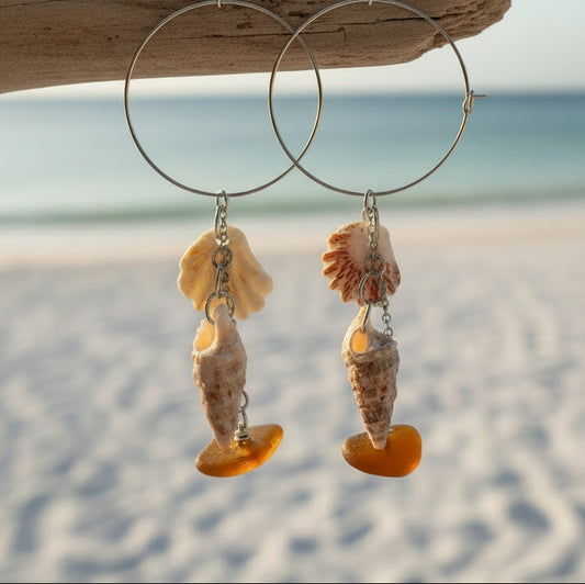 Brown Sea Glass & Venice Beach Shell Stainless Steel Hoop Earrings