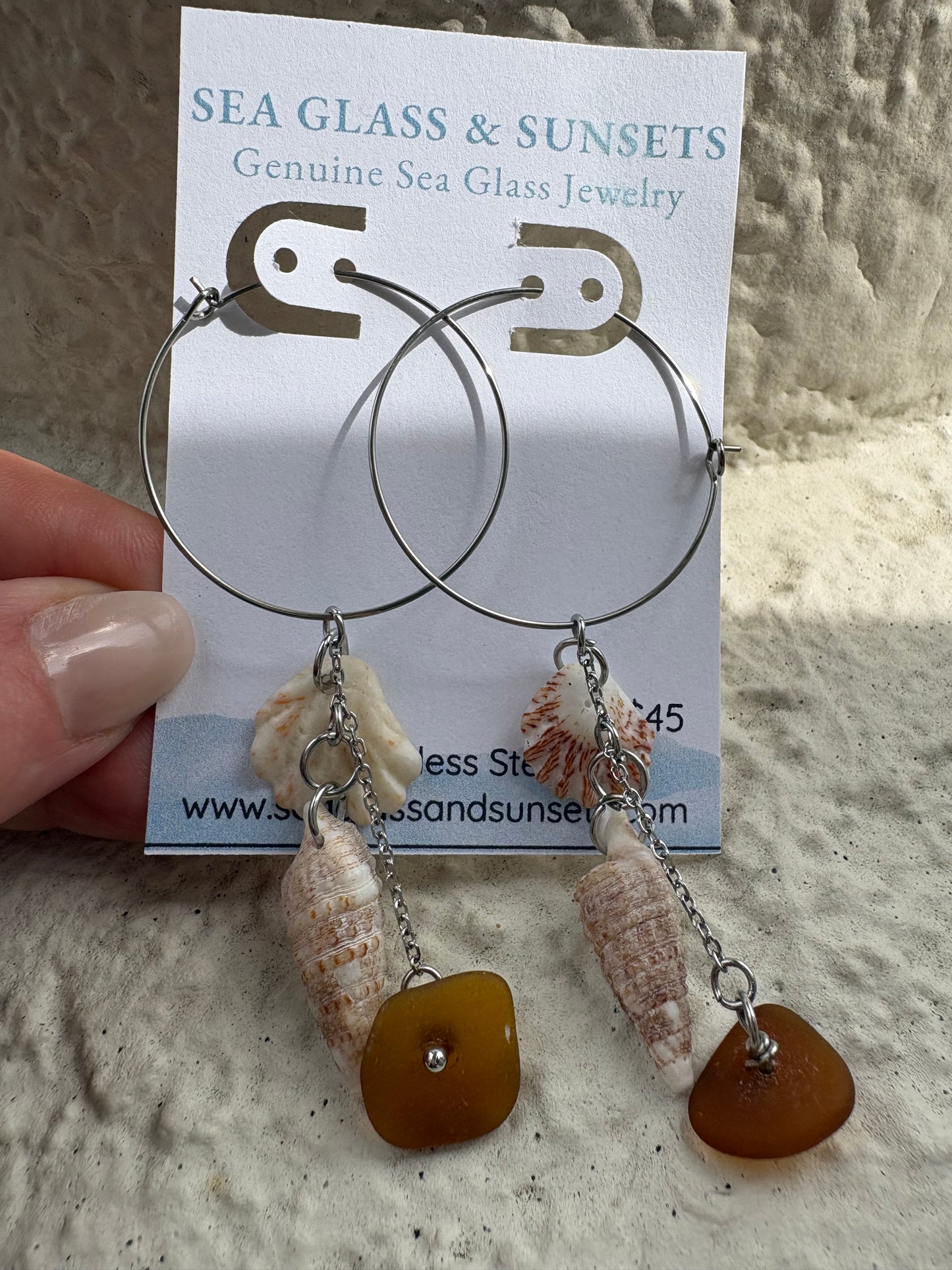 Brown Sea Glass & Venice Beach Shell Stainless Steel Hoop Earrings