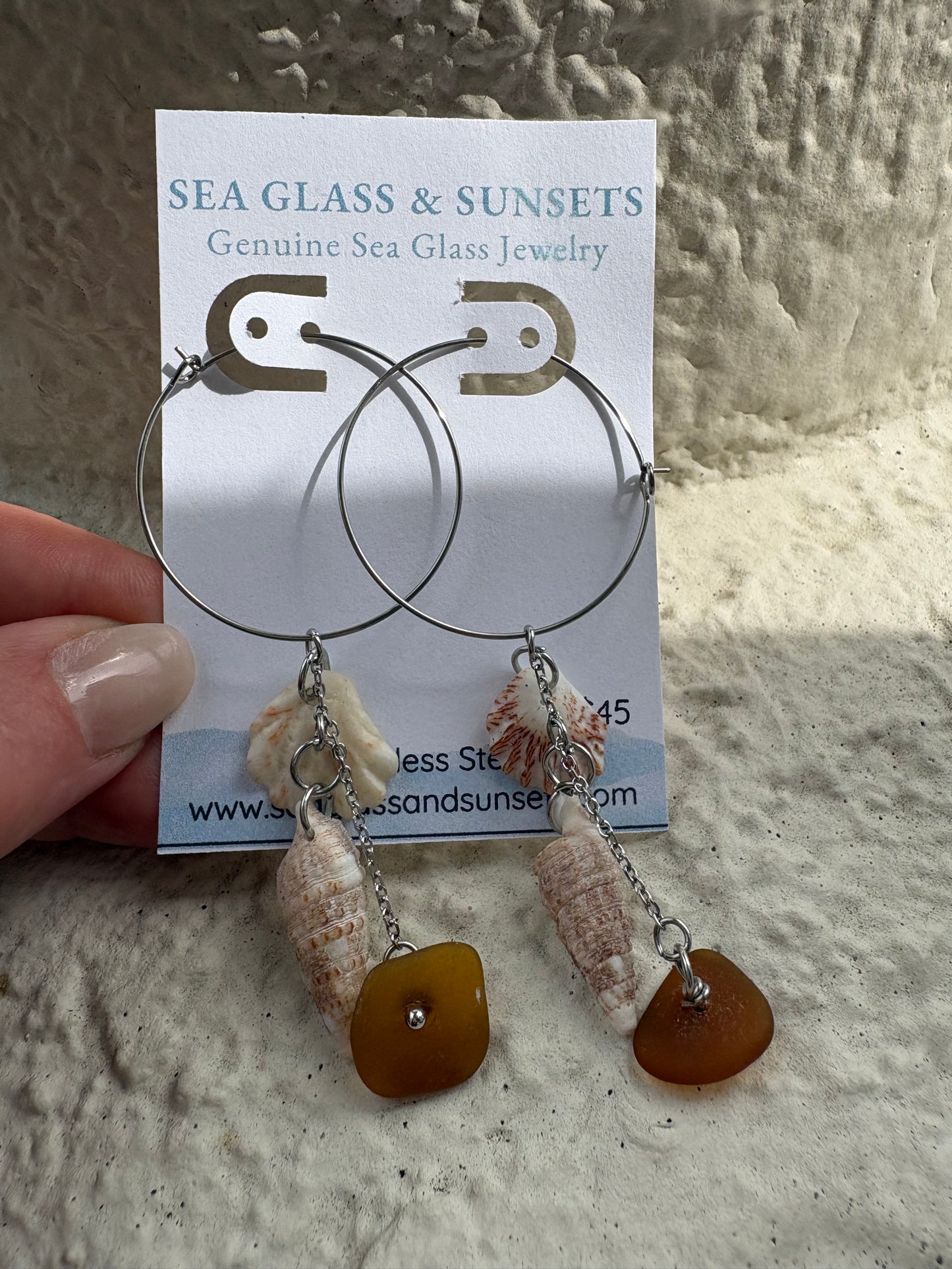 Brown Sea Glass & Venice Beach Shell Stainless Steel Hoop Earrings