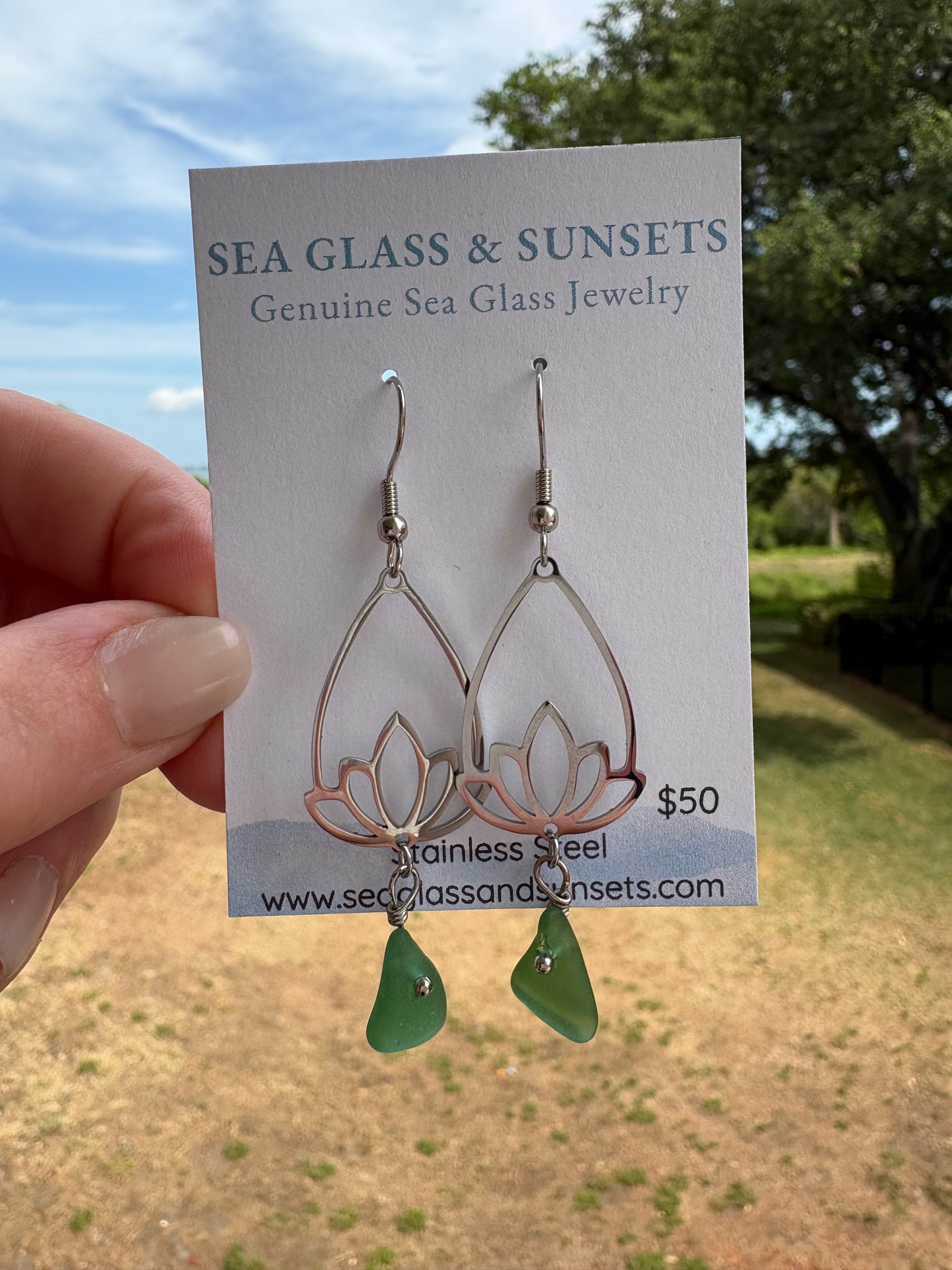 Green Sea Glass Lotus Sterling Silver Dangle Earrings