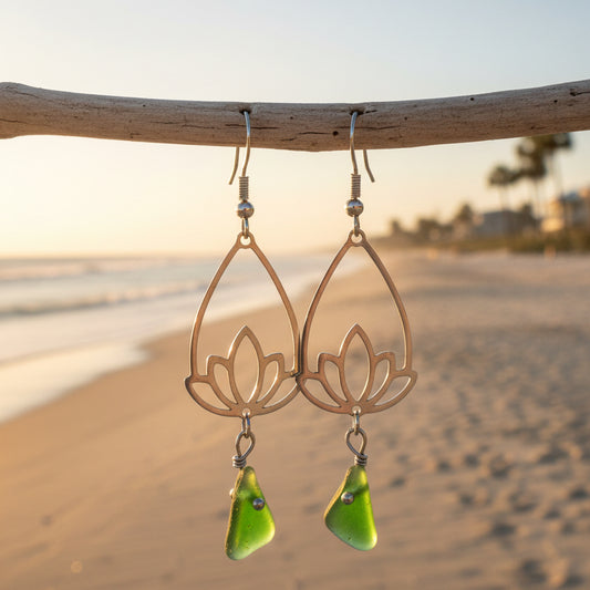 Green Sea Glass Lotus Sterling Silver Dangle Earrings