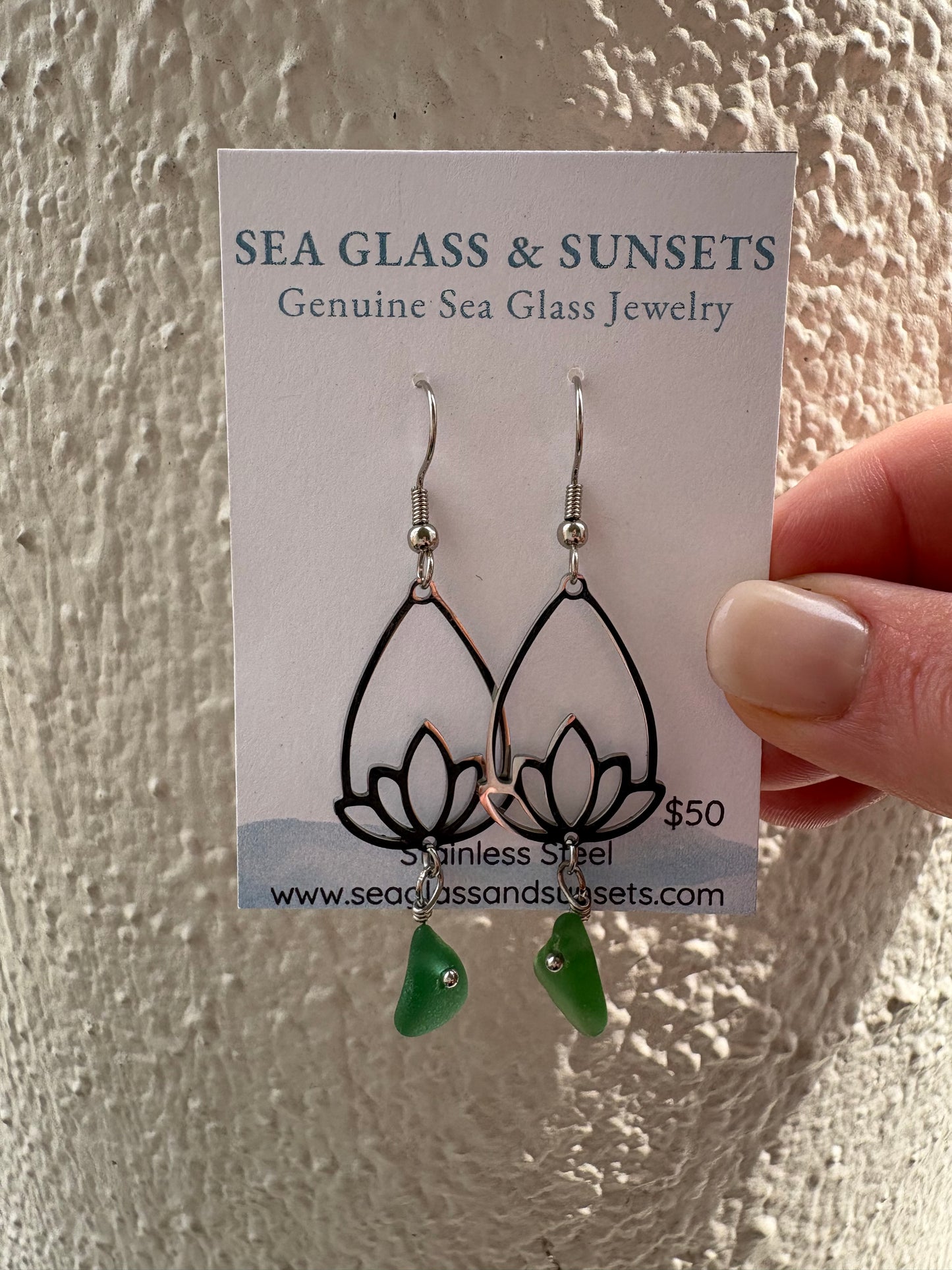 Green Sea Glass Lotus Sterling Silver Dangle Earrings