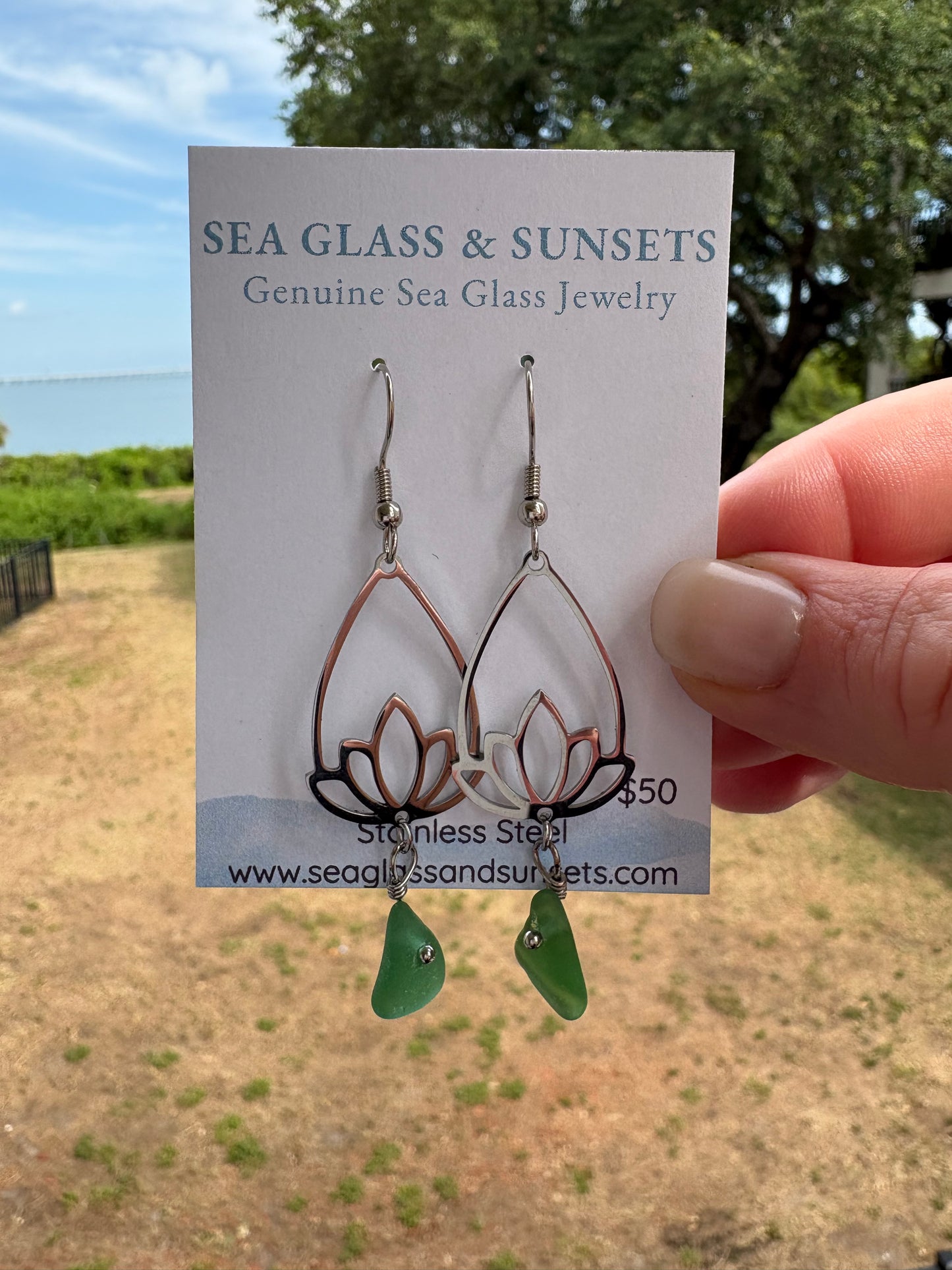 Green Sea Glass Lotus Sterling Silver Dangle Earrings