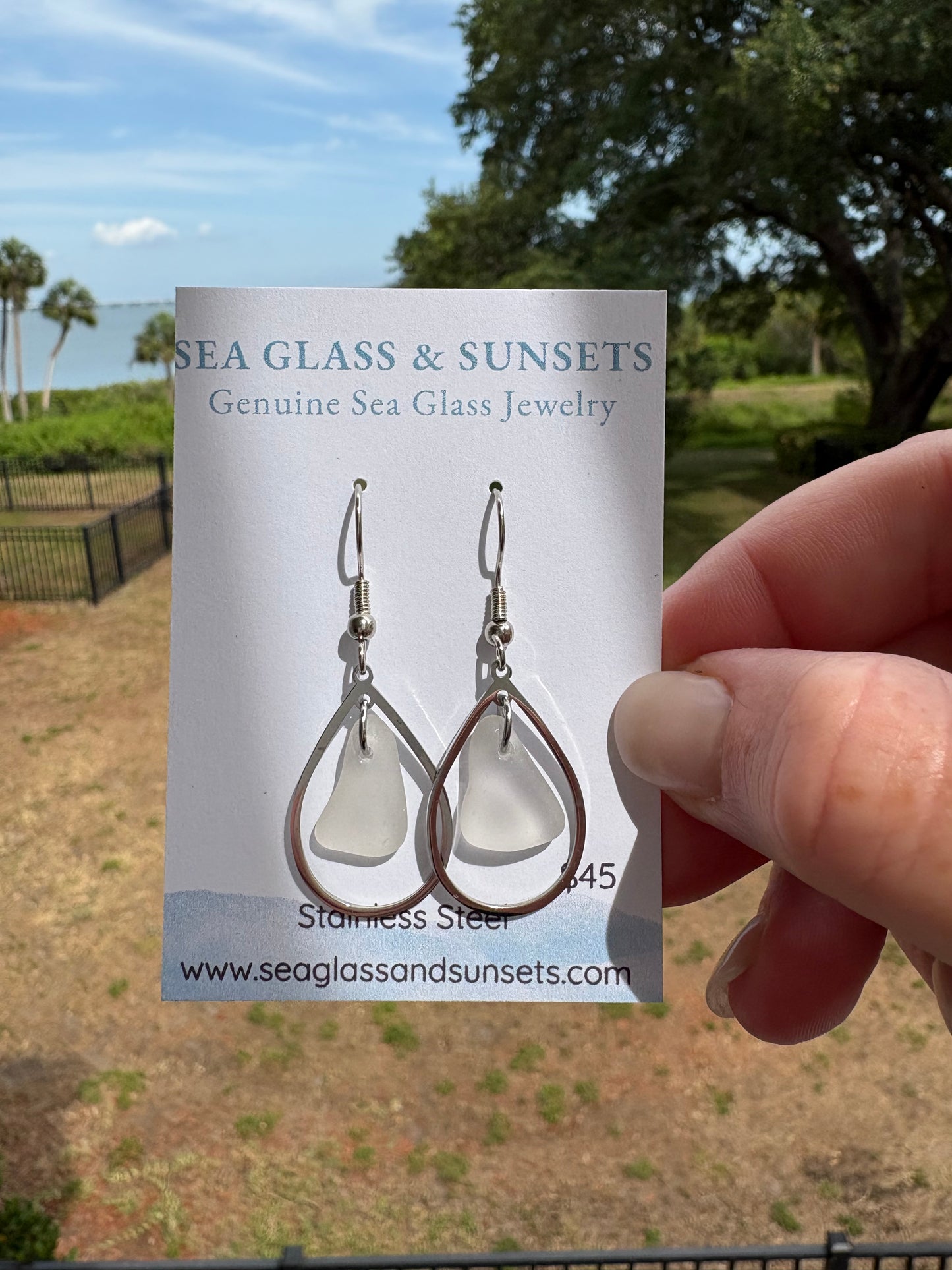 Clear Sea Glass Teardrop Stainless Steel Dangle Earrings