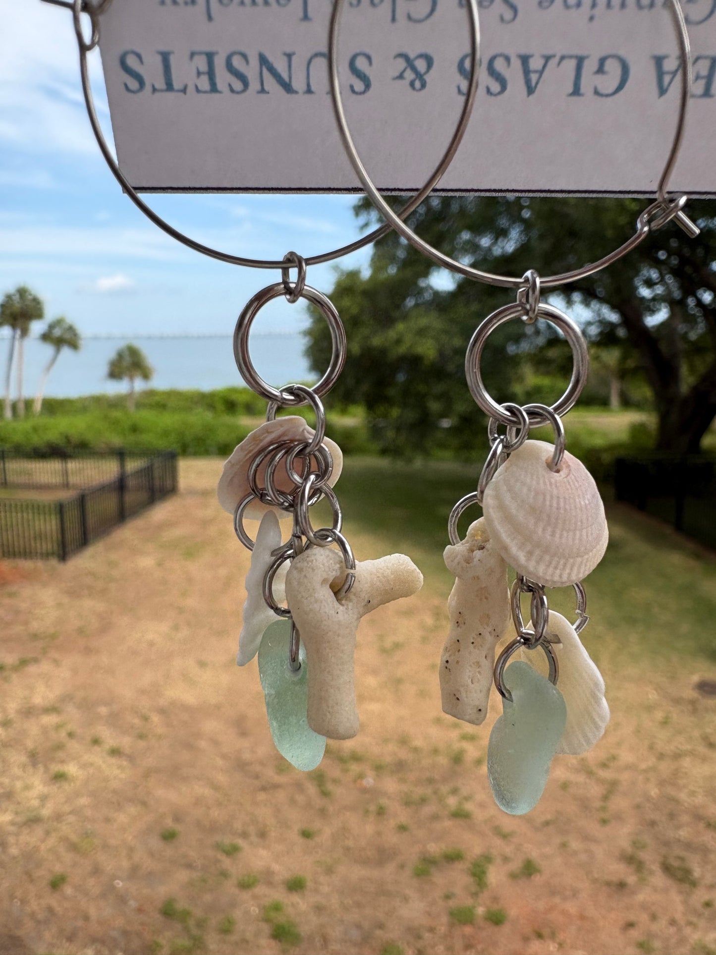 Sea Foam Sea Glass, Shell & Coral Stainless Steel Hoop Earrings