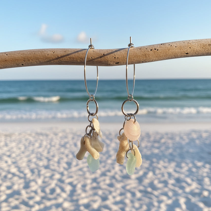 Sea Foam Sea Glass, Shell & Coral Stainless Steel Hoop Earrings