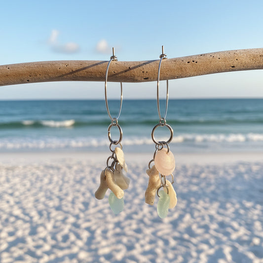 Sea Foam Sea Glass, Shell & Coral Stainless Steel Hoop Earrings