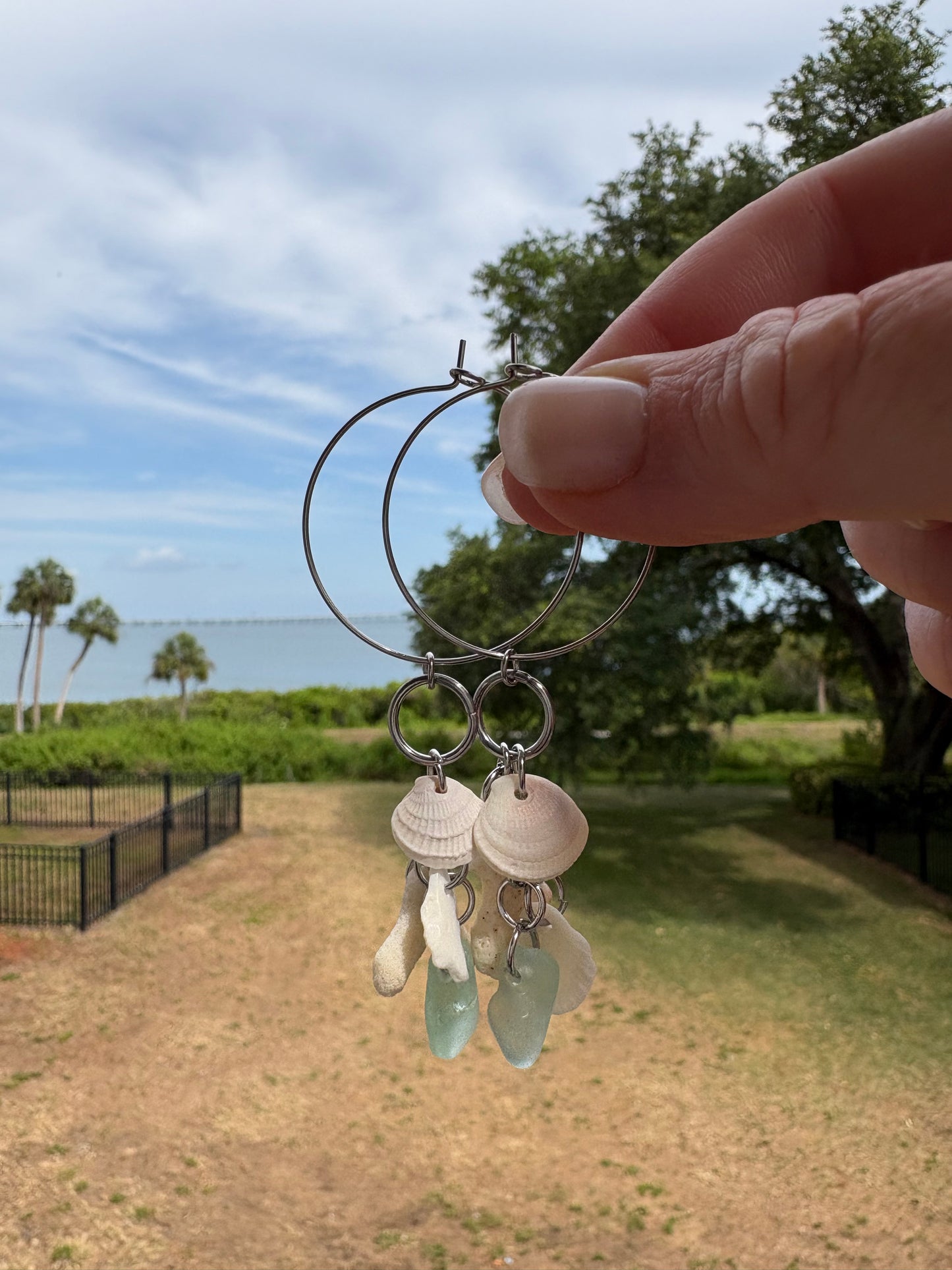 Sea Foam Sea Glass, Shell & Coral Stainless Steel Hoop Earrings