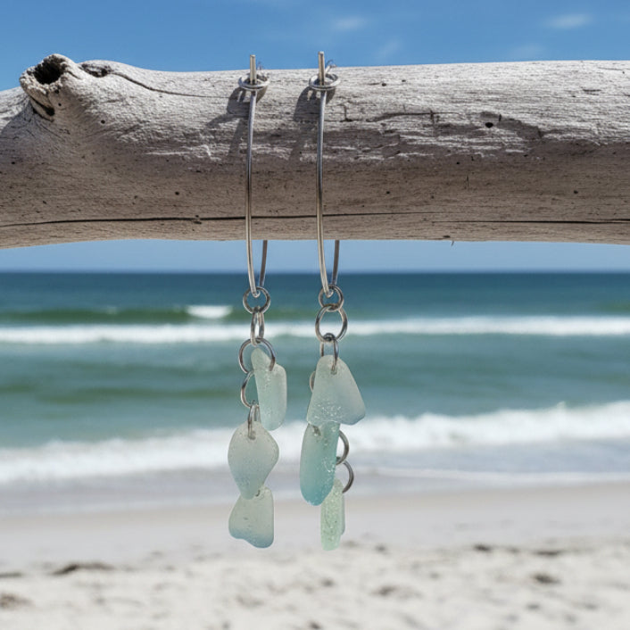 Sea Foam Sea Glass Stainless Steel Cascade Hoop Earrings