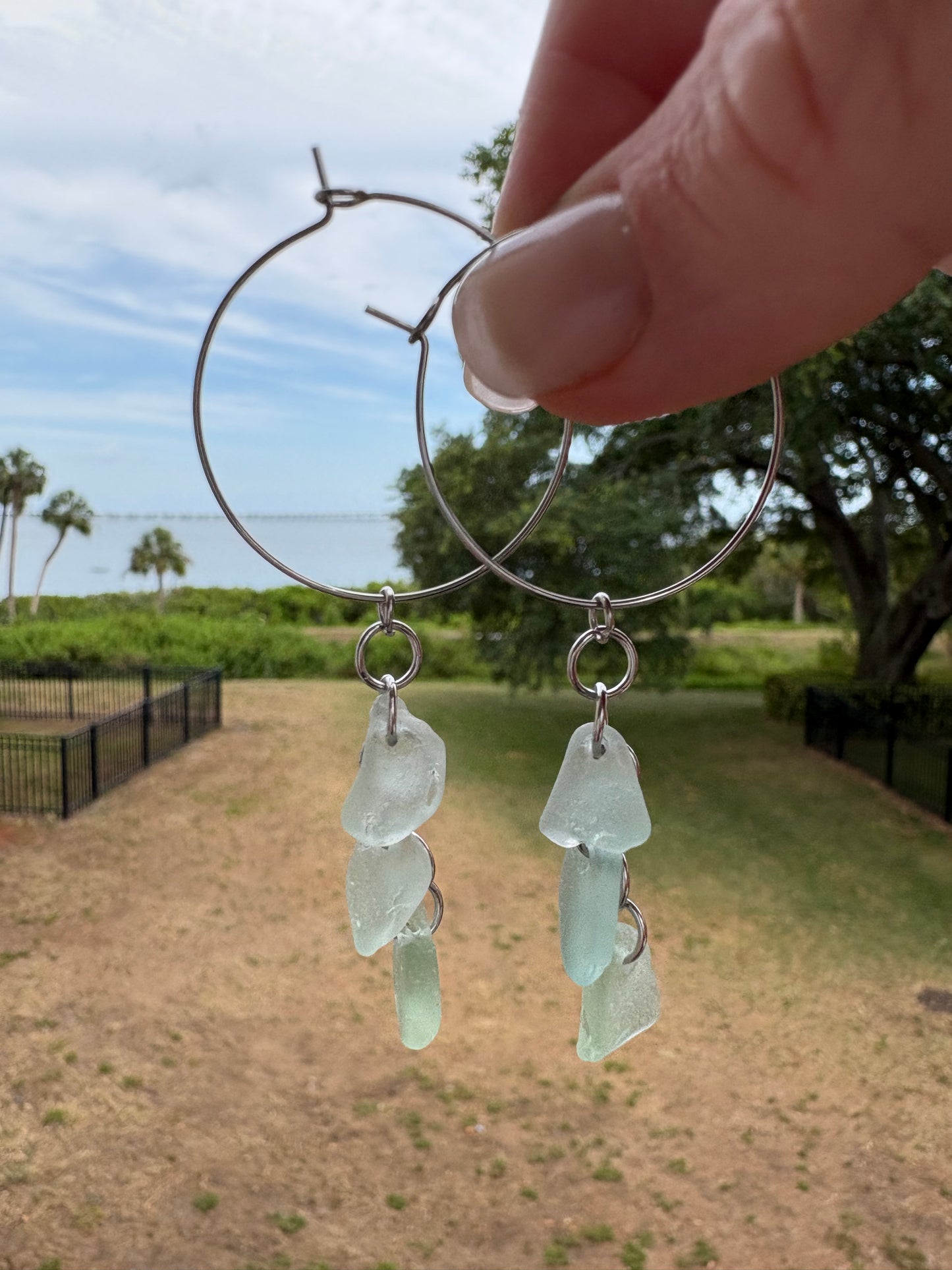Sea Foam Sea Glass Stainless Steel Cascade Hoop Earrings