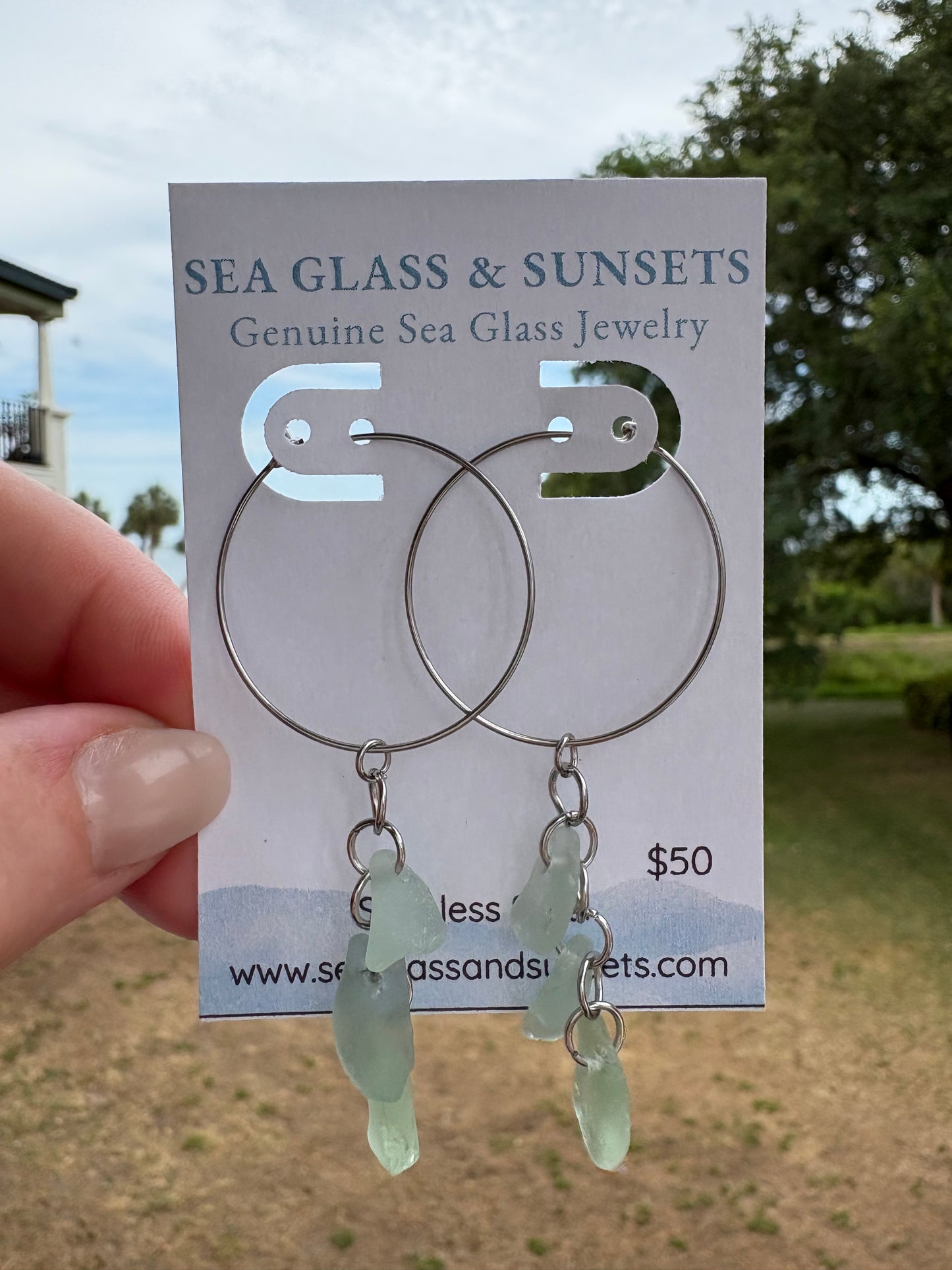 Sea Foam Sea Glass Stainless Steel Cascade Hoop Earrings