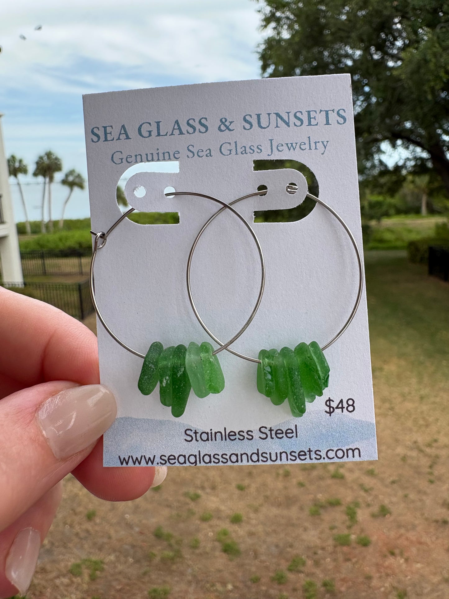 Stacked Green Sea Glass Stainless Steel Hoop Earrings