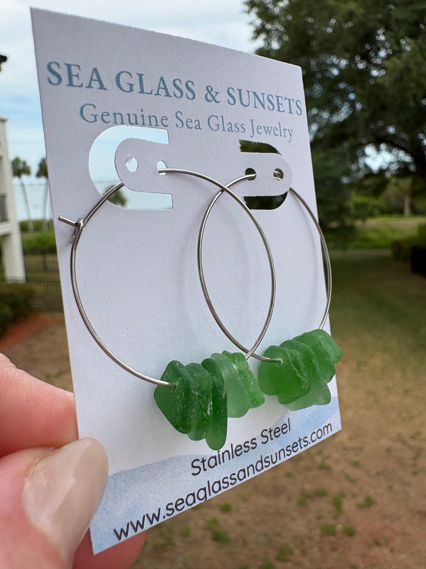 Stacked Green Sea Glass Stainless Steel Hoop Earrings