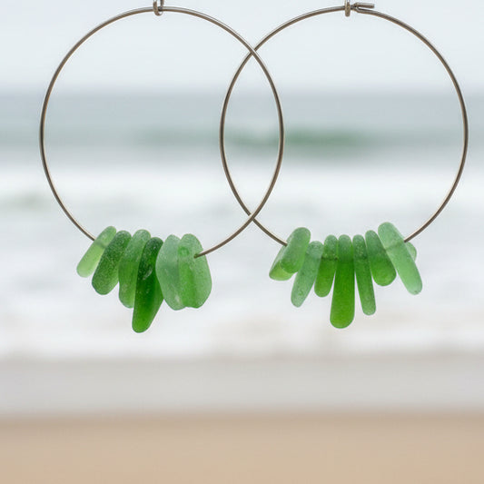 Stacked Green Sea Glass Stainless Steel Hoop Earrings