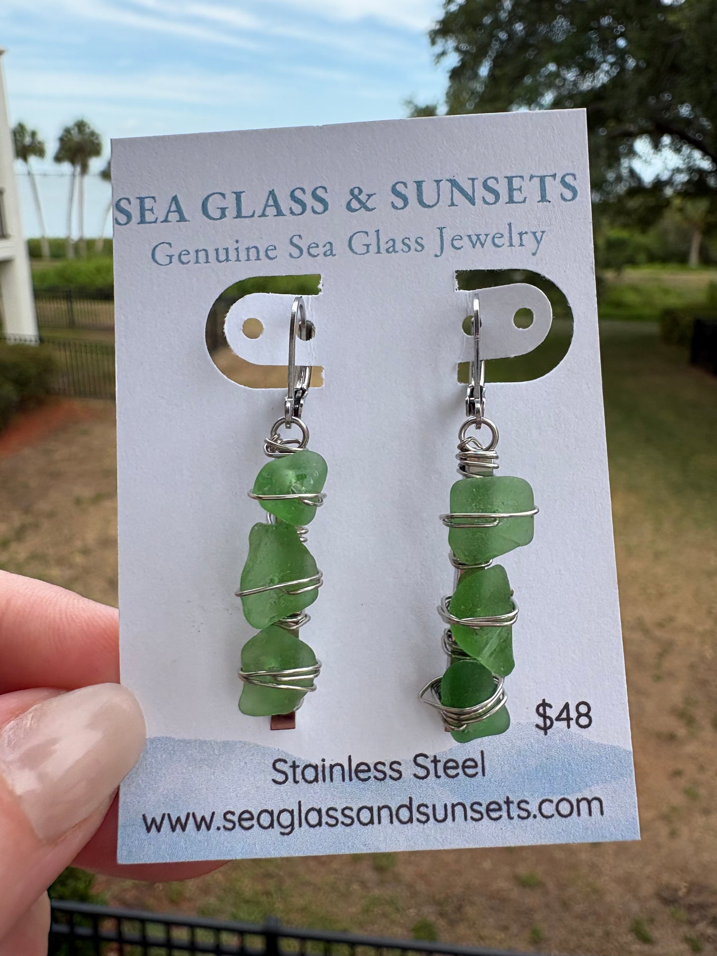 Sea Glass Trio Stainless Steel Dangle Earrings