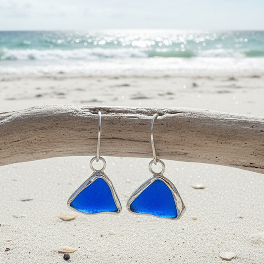 Cobalt Blue Sea Glass Open Bezel Sterling Silver Dangle Earrings