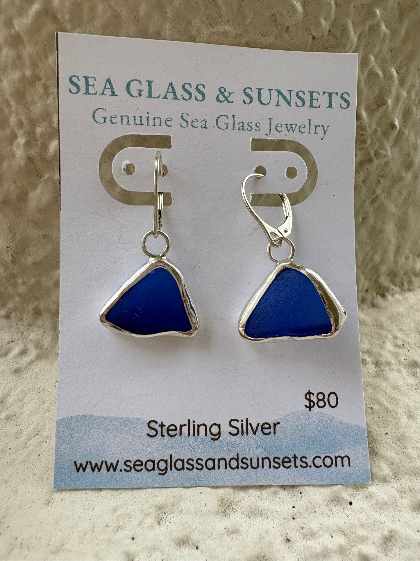 Cobalt Blue Sea Glass Open Bezel Sterling Silver Dangle Earrings