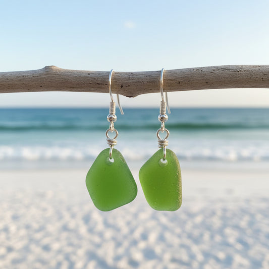 Simple  Kelly Green sea glass earrings | Dangle Earrings | Silver Beach Glass