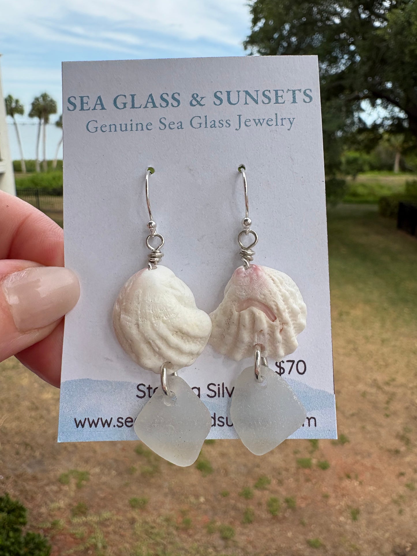 Clear Sea Glass & Spiny Jewelbox Shell Sterling Silver Earrings
