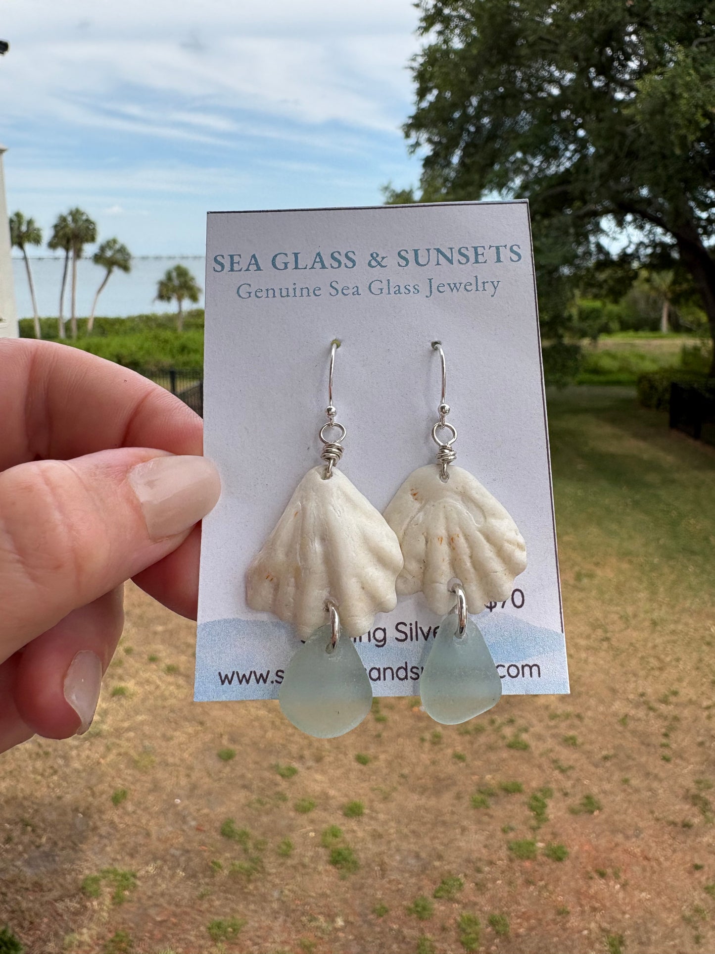 Genuine Sea Glass & Kitten Paw Shell Necklace – Sterling Silver Coastal Beach Jewelry