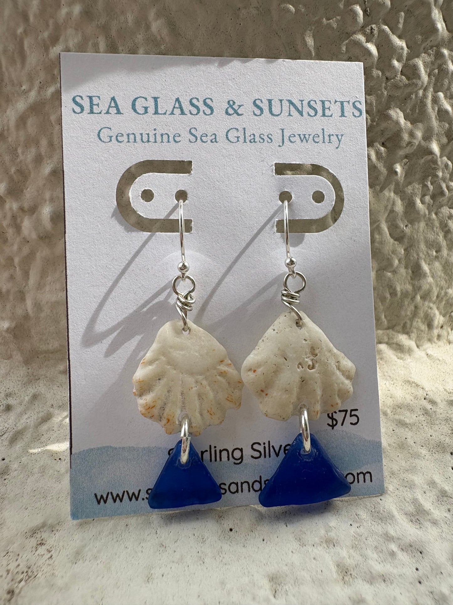 Cobalt Blue Sea Glass & Kitten Paw Shell Sterling Silver Earrings