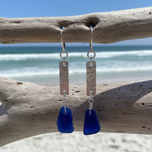 Cobalt Blue Sea Glass Hand-Cut Sterling Silver Dangle Earrings