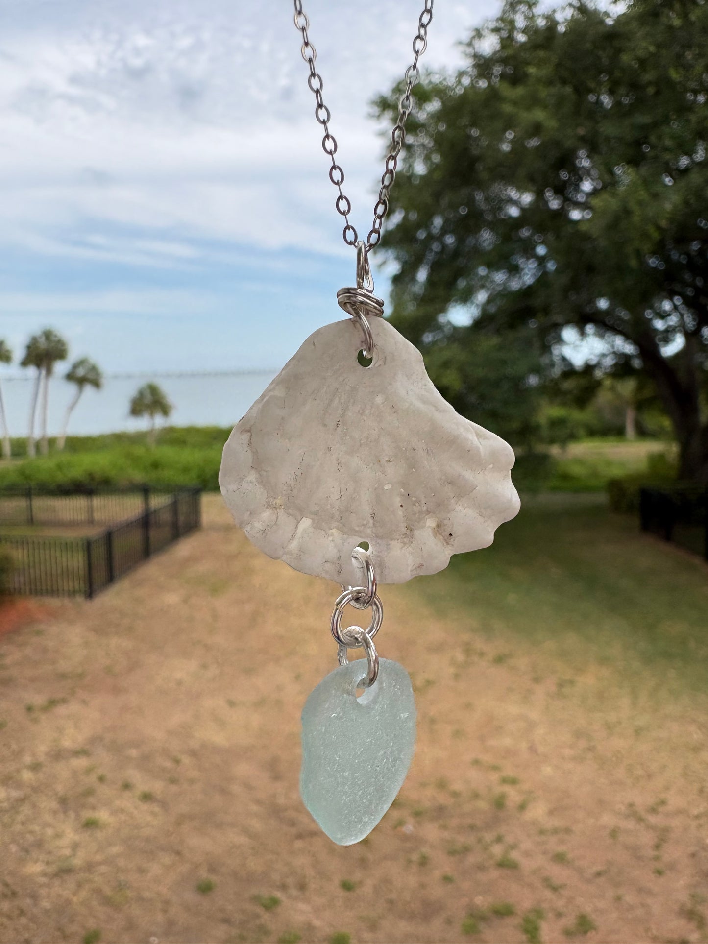 Genuine Sea Glass & Kitten Paw Shell Necklace – Sterling Silver Coastal Beach Jewelry