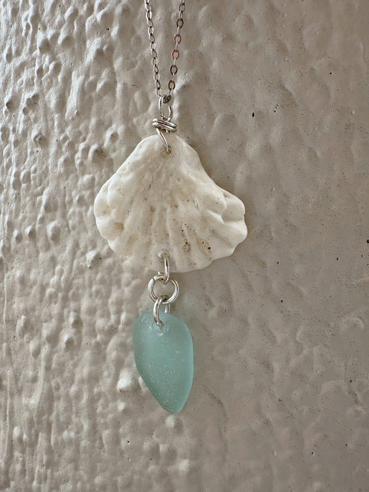 Genuine Sea Glass & Kitten Paw Shell Necklace – Sterling Silver Coastal Beach Jewelry