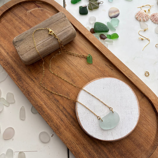 Seafoam Sea Glass Necklace | Genuine Beach Glass on 18K Gold Plated Stainless Steel Adjustable Chain