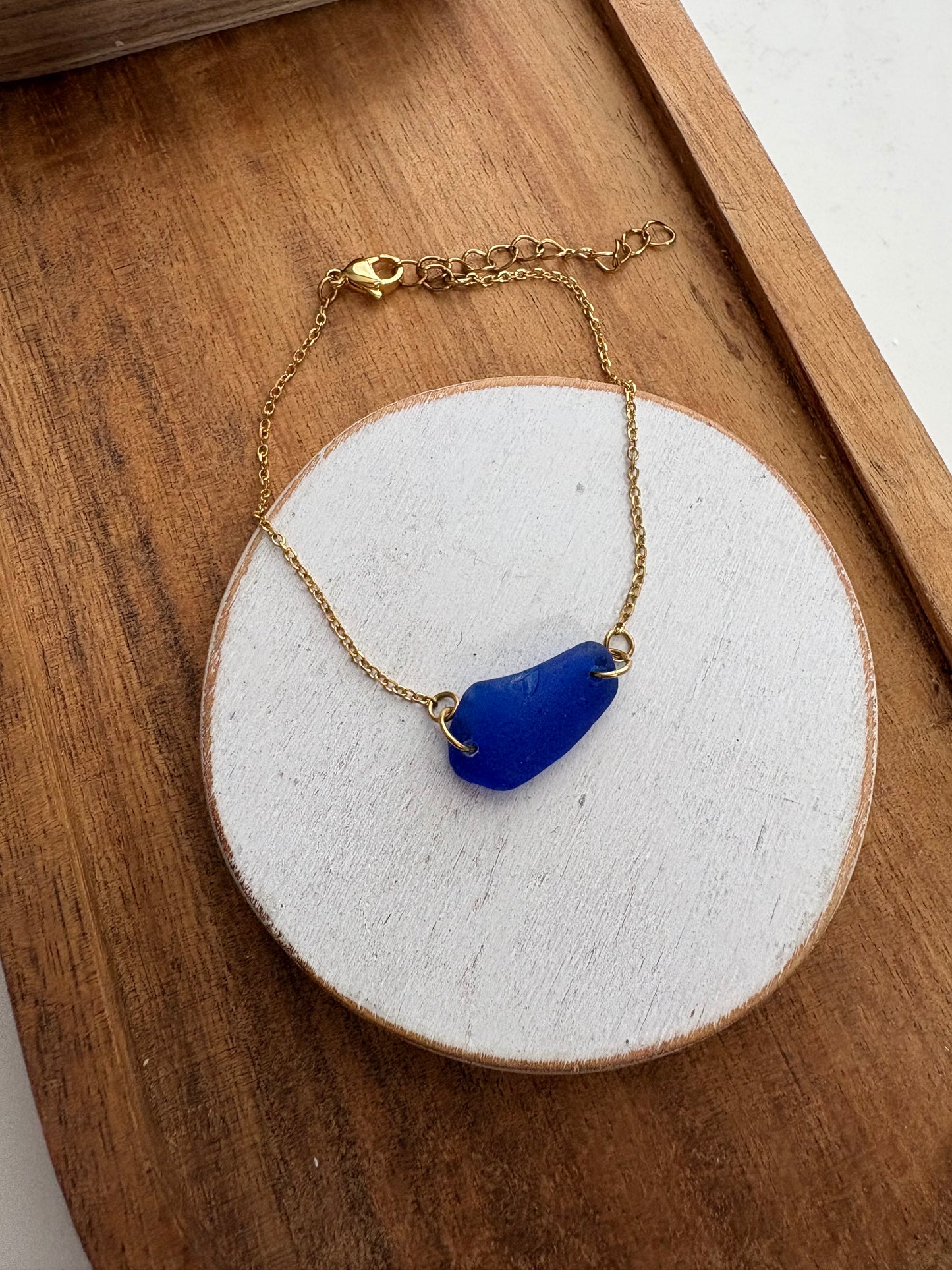 Cobalt Blue Sea Glass Bracelet | Genuine Beach Glass on 18K Gold Plated Stainless Steel Adjustable Chain