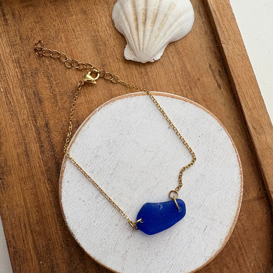 Cobalt Blue Sea Glass Bracelet | Genuine Beach Glass on 18K Gold Plated Stainless Steel Adjustable Chain