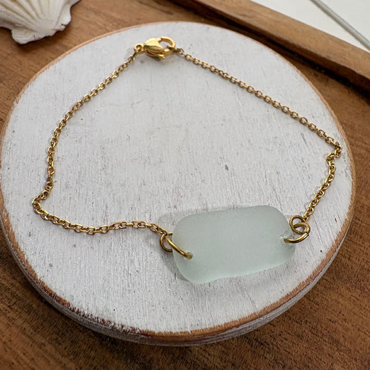 Sea Foam Sea Glass Bracelet | Genuine Beach Glass on 18K Gold Plated Stainless Steel Adjustable Chain