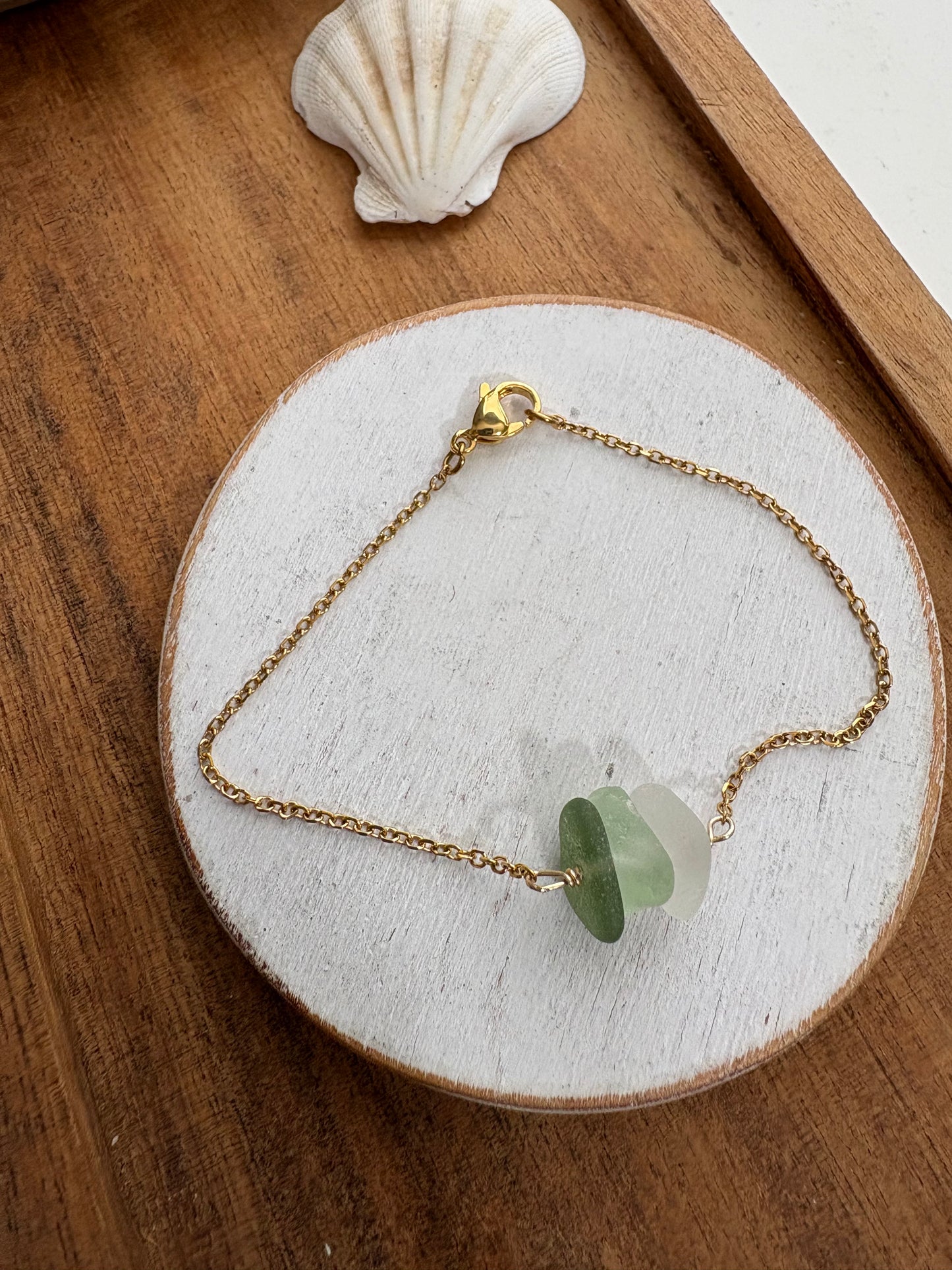 Sage Ombre Sea Glass Trio Bracelet | Genuine Beach Glass on 18K Gold Plated Stainless Steel Chain