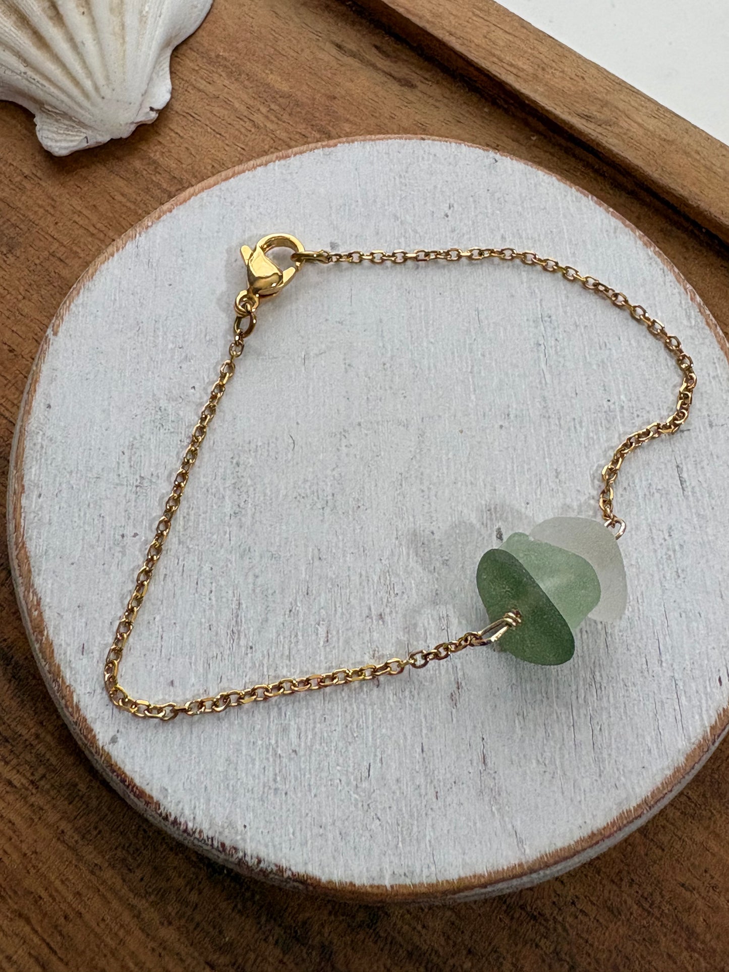 Sage Ombre Sea Glass Trio Bracelet | Genuine Beach Glass on 18K Gold Plated Stainless Steel Chain