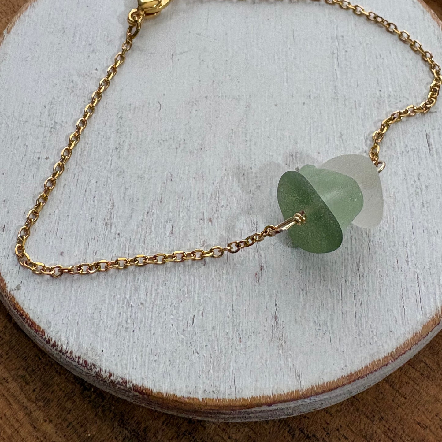 Sage Ombre Sea Glass Trio Bracelet | Genuine Beach Glass on 18K Gold Plated Stainless Steel Chain