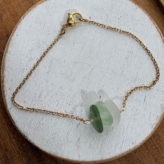 Sage Ombre Sea Glass Trio Bracelet | Genuine Beach Glass on 18K Gold Plated Stainless Steel Chain