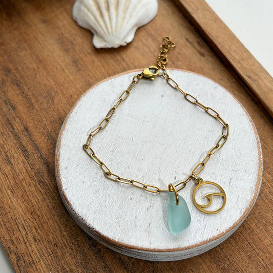 18K Gold PVD Sky Blue Sea Glass & Wave Paperclip Bracelet