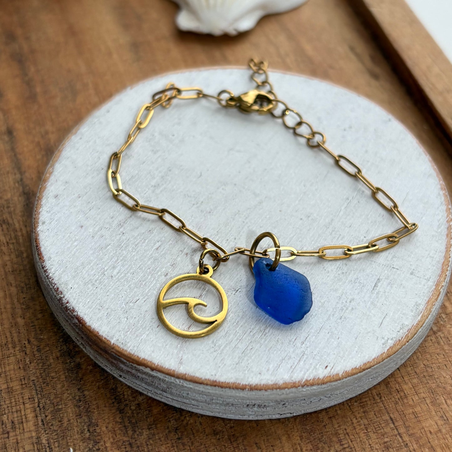 18K Gold PVD cobalt Sea Glass & Wave Paperclip Bracelet