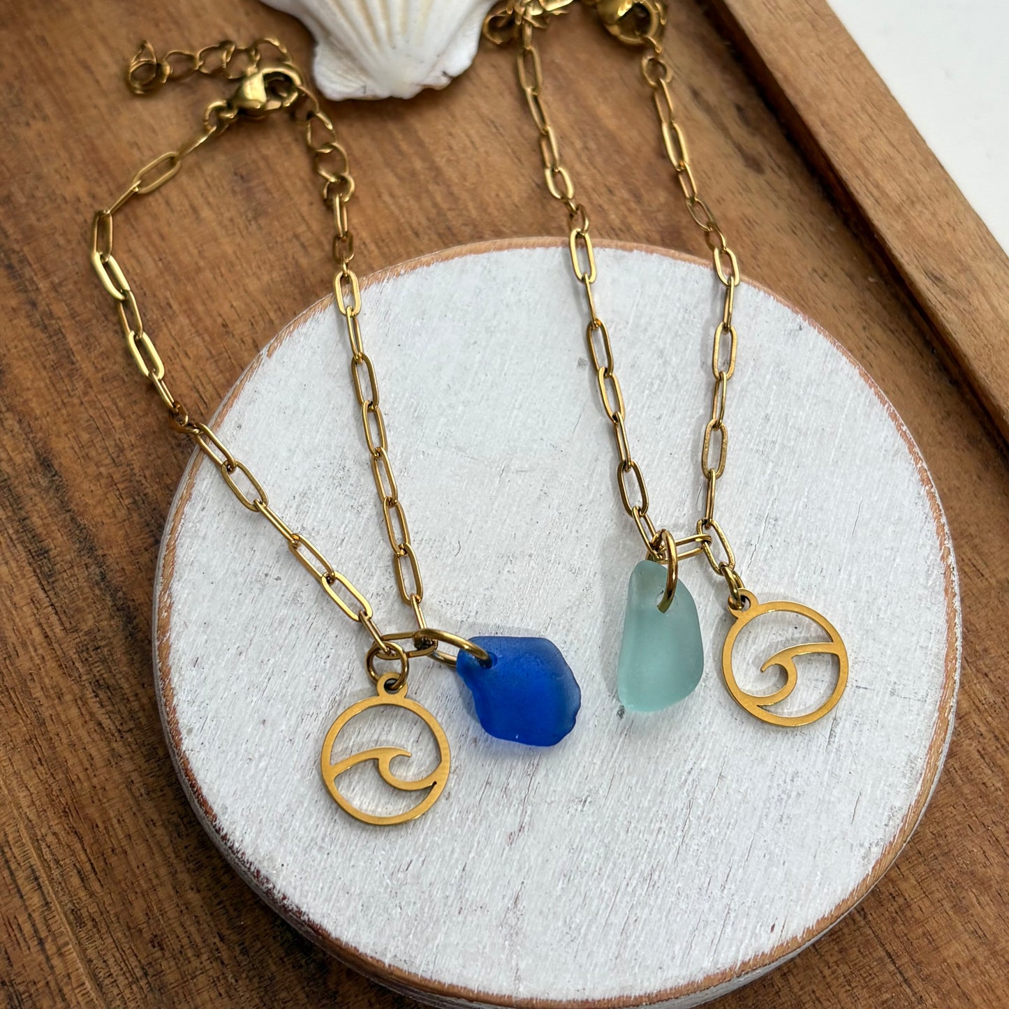 18K Gold PVD cobalt Sea Glass & Wave Paperclip Bracelet