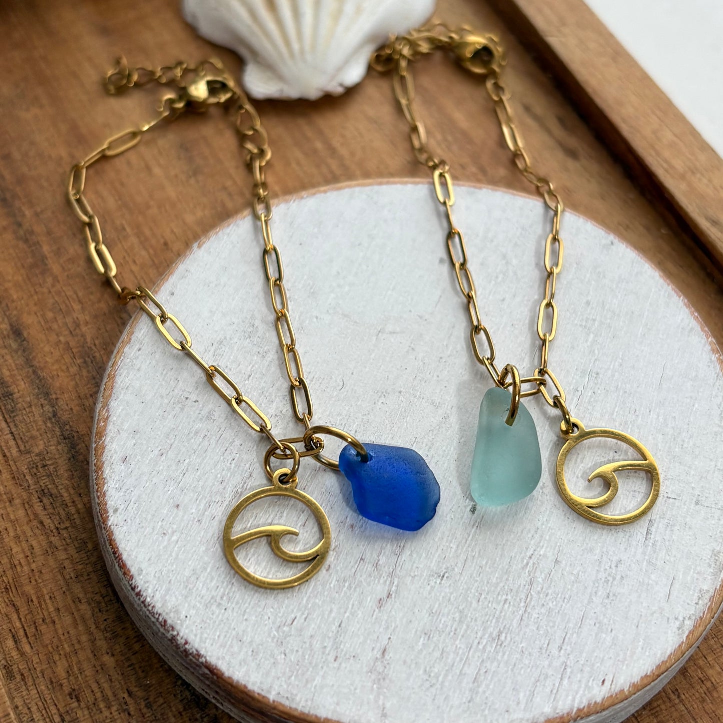 18K Gold PVD cobalt Sea Glass & Wave Paperclip Bracelet