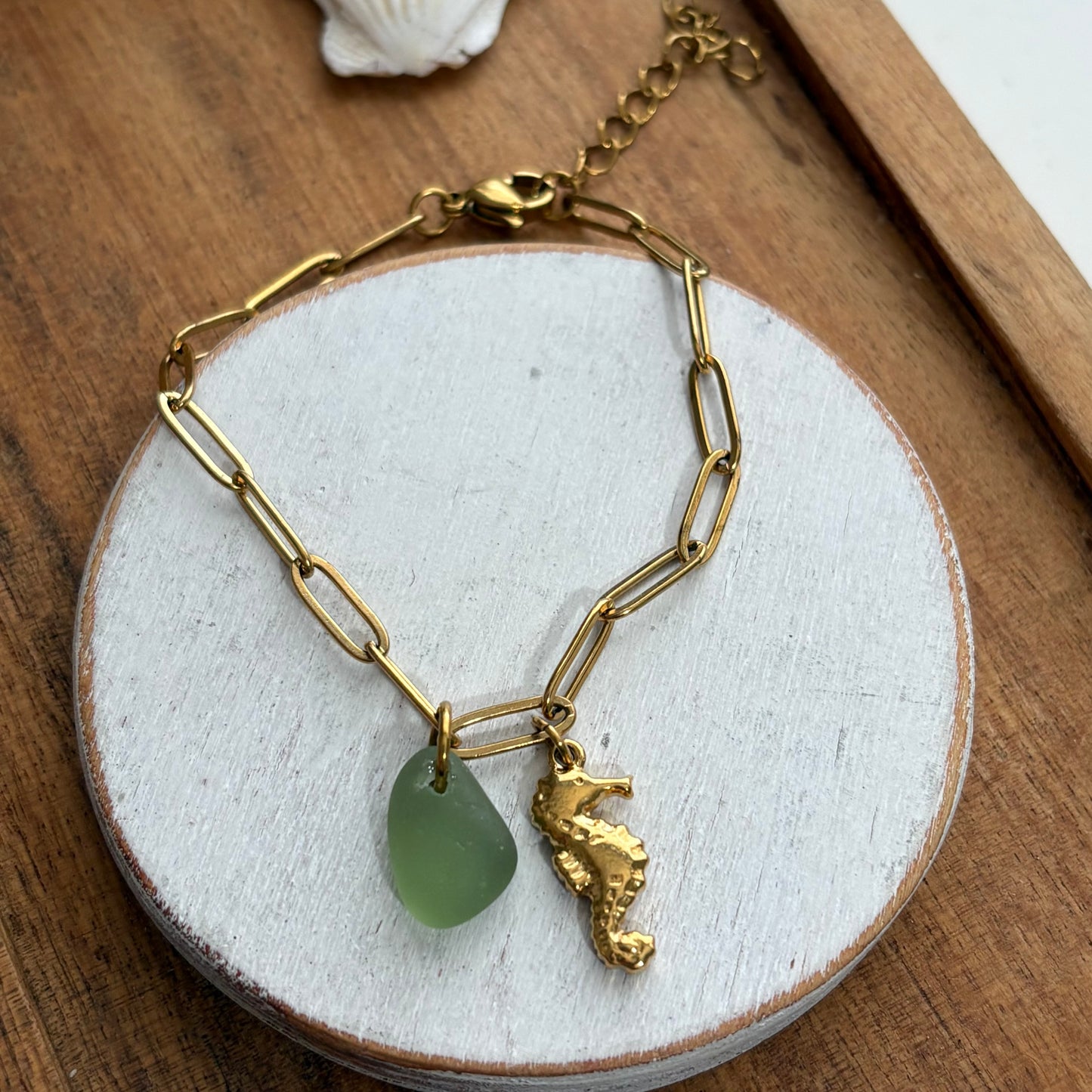 18K Gold PVD Sea Glass & Sea Horse Paperclip Bracelet