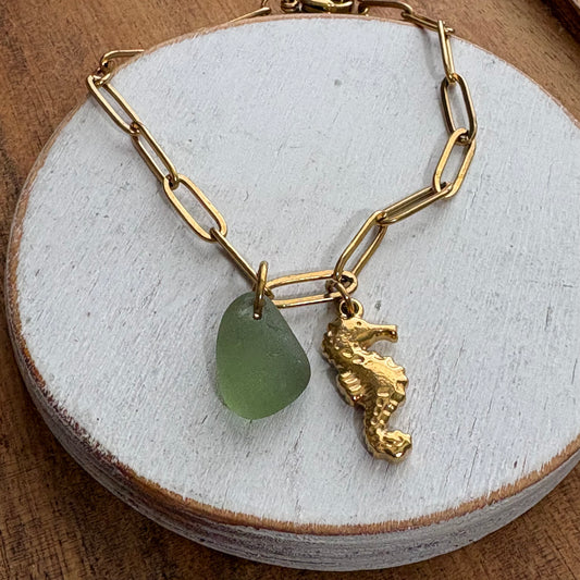 18K Gold PVD Sea Glass & Sea Horse Paperclip Bracelet