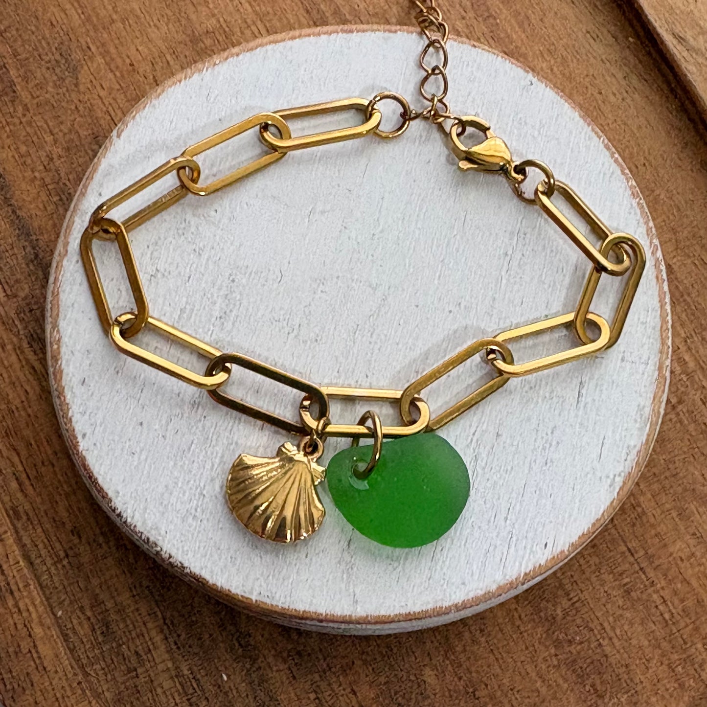 18K Gold PVD Sea Glass & Shell Paperclip Bracelet